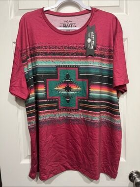 Crazy Train Women's Short Sleeve Aztec Graphic Tee - Burgundy with Teal Accent